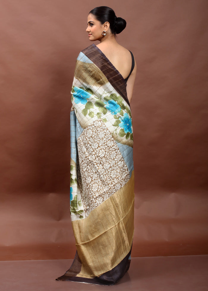 Grey Handloom Tussar Pure Silk Saree With Blouse Piece