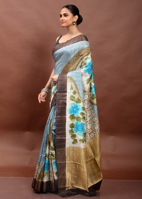 Grey Handloom Tussar Pure Silk Saree With Blouse Piece