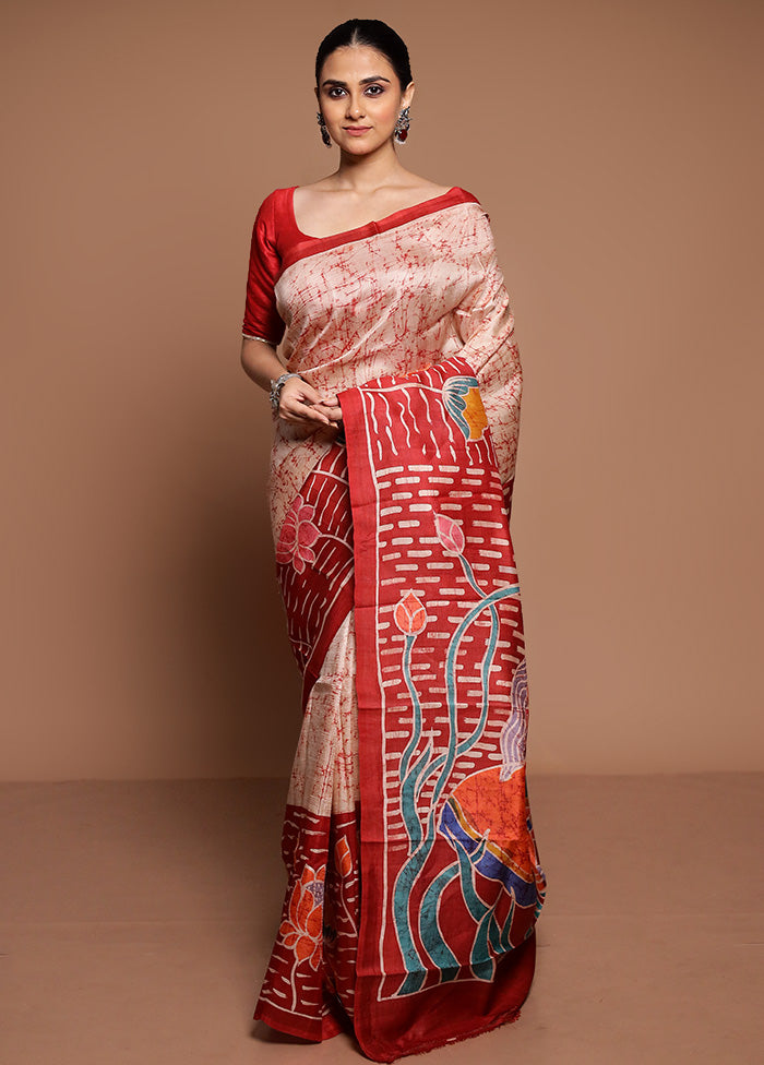 Cream Printed Pure Silk Saree Without Blouse Piece