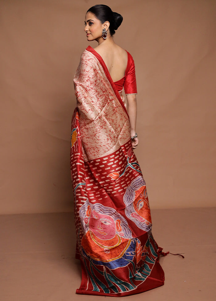 Cream Printed Pure Silk Saree Without Blouse Piece