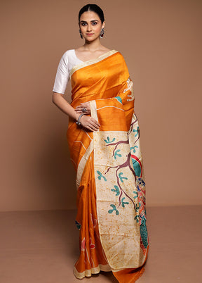 Yellow Printed Pure Silk Saree Without Blouse Piece