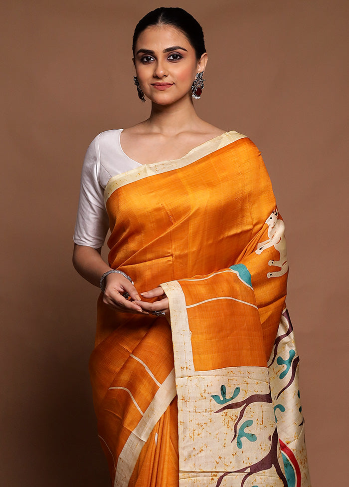 Yellow Printed Pure Silk Saree Without Blouse Piece