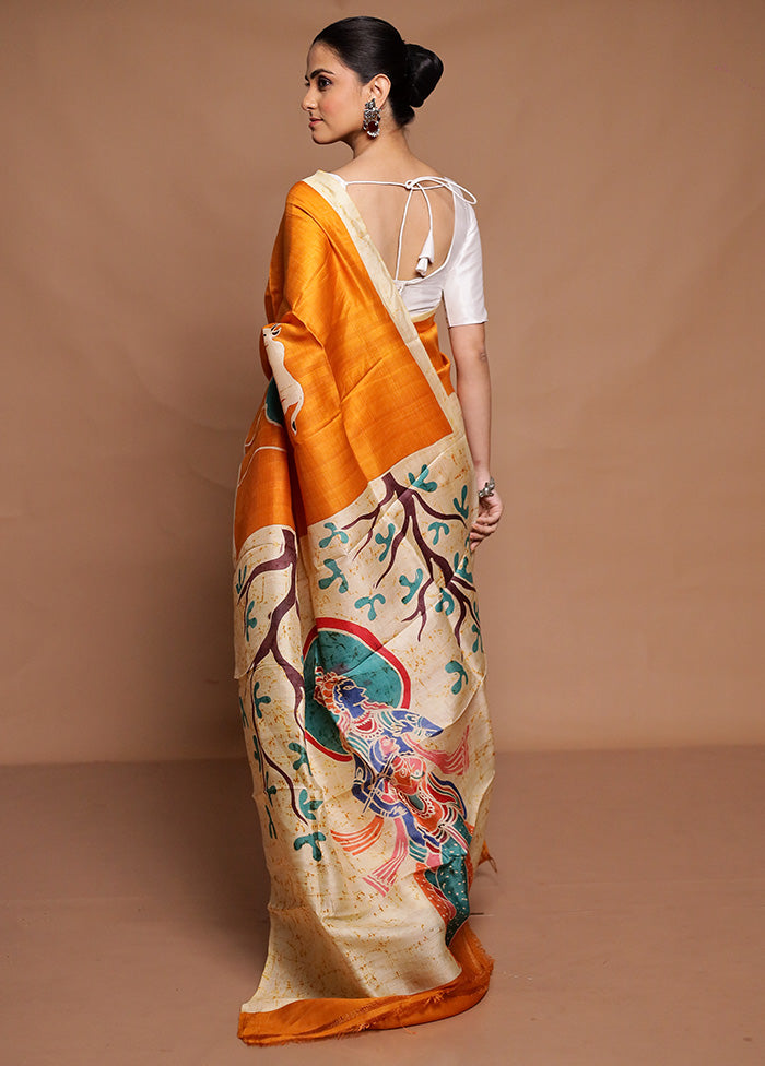 Yellow Printed Pure Silk Saree Without Blouse Piece