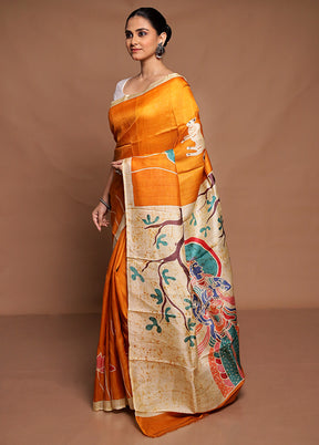 Yellow Printed Pure Silk Saree Without Blouse Piece