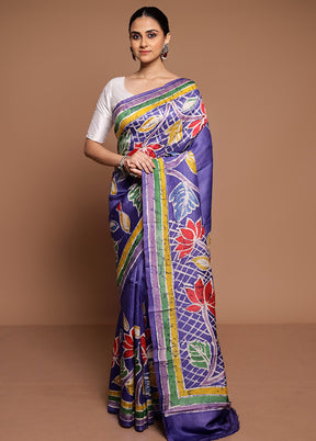 Blue Printed Pure Silk Saree Without Blouse Piece