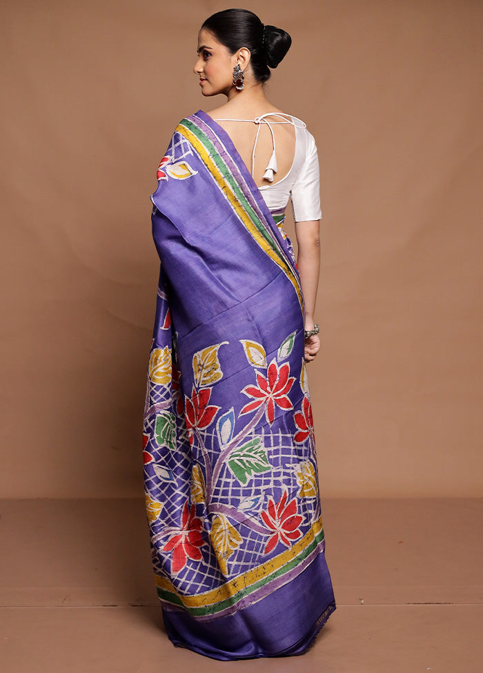 Blue Printed Pure Silk Saree Without Blouse Piece