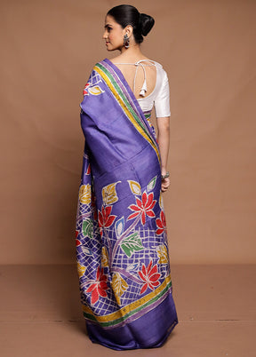 Blue Printed Pure Silk Saree Without Blouse Piece