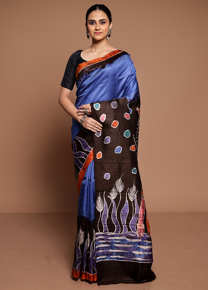 Blue Printed Pure Silk Saree Without Blouse Piece