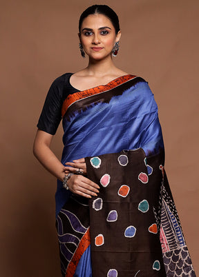 Blue Printed Pure Silk Saree Without Blouse Piece