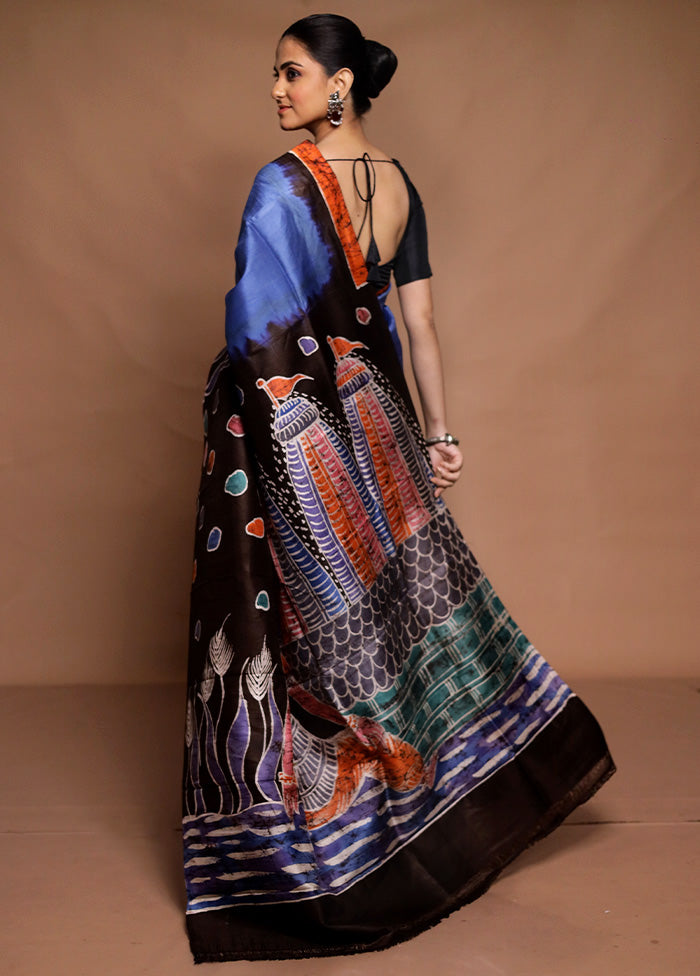 Blue Printed Pure Silk Saree Without Blouse Piece