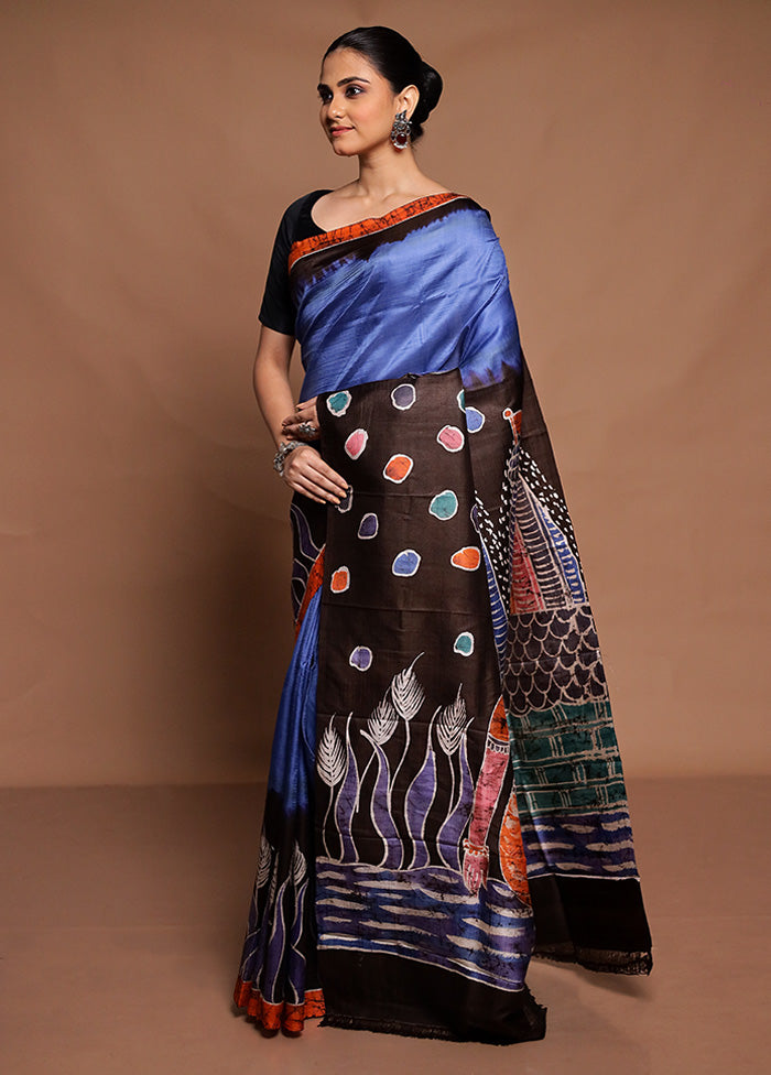 Blue Printed Pure Silk Saree Without Blouse Piece