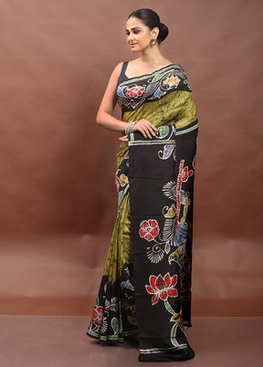Black Printed Pure Silk Saree Without Blouse Piece