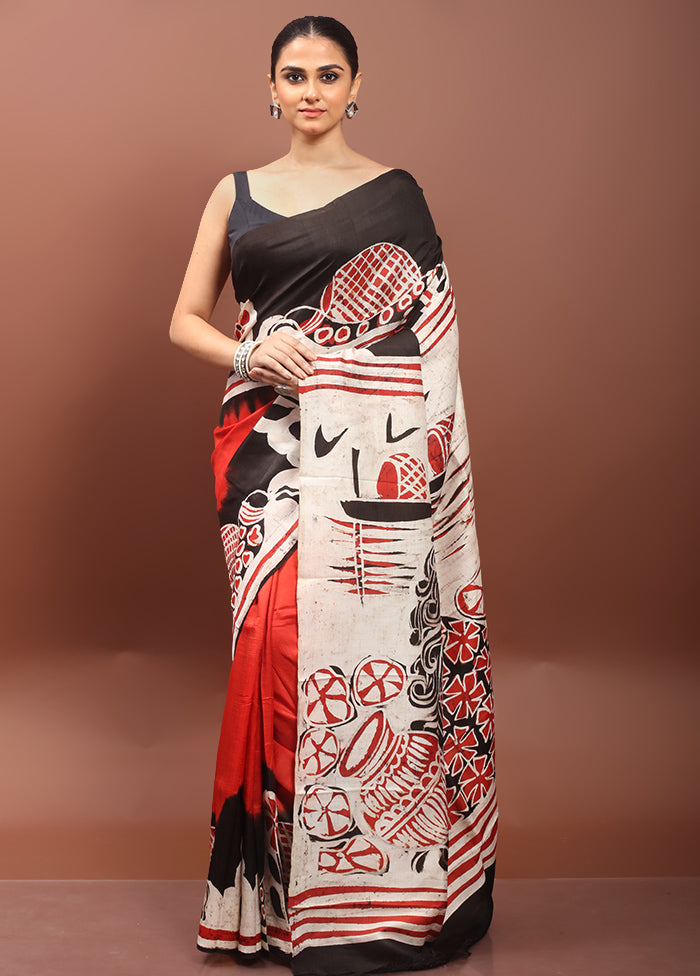 White Printed Pure Silk Saree Without Blouse Piece