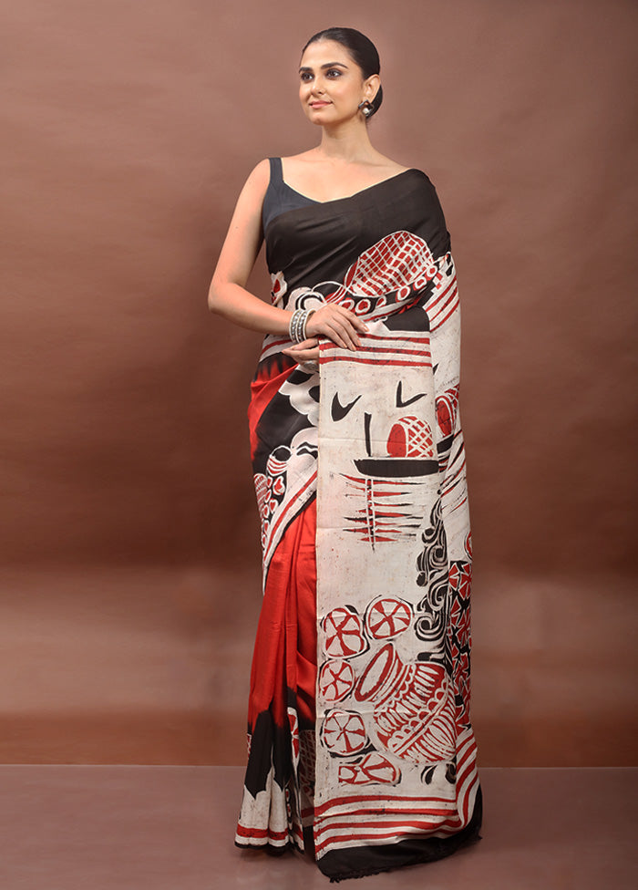 White Printed Pure Silk Saree Without Blouse Piece