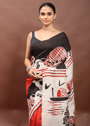 White Printed Pure Silk Saree Without Blouse Piece