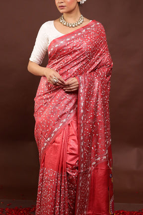 Red Handloom Kantha Stitch Pure Silk Saree With Blouse Piece