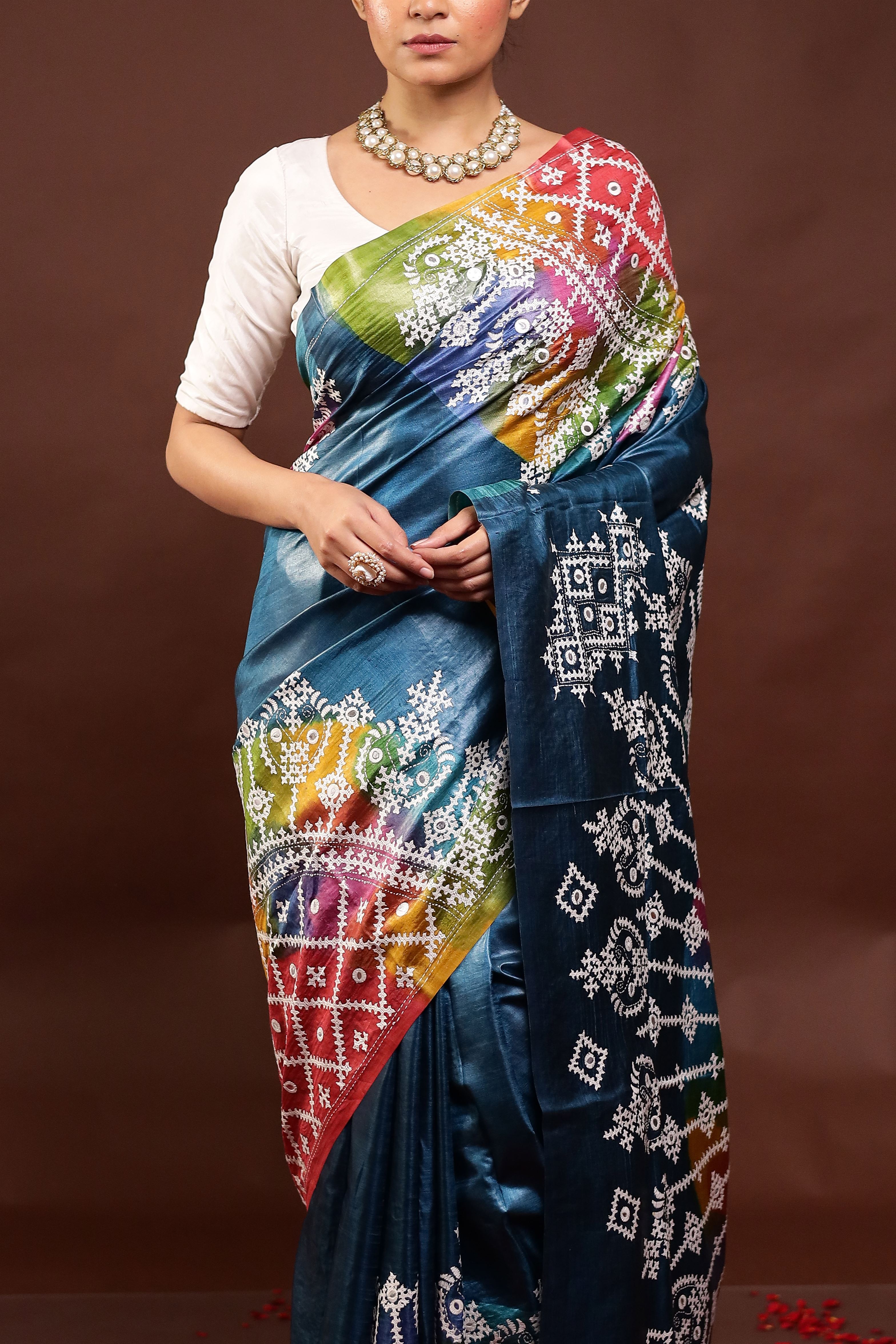 Blue Handloom Kantha Stitch Pure Silk Saree With Blouse Piece