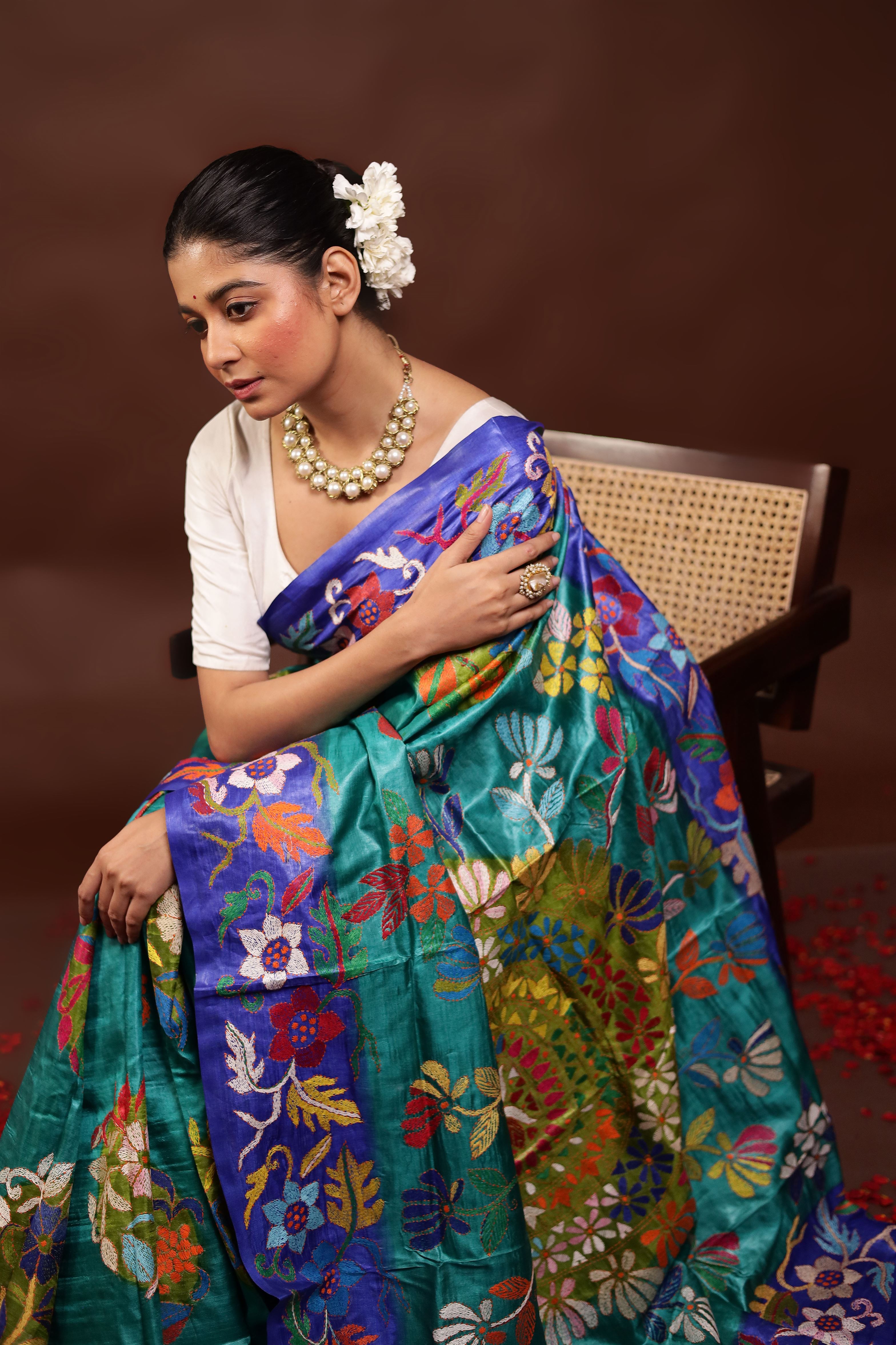 Multicolor Handloom Kantha Stitch Pure Silk Saree With Blouse Piece