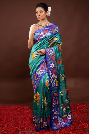 Multicolor Handloom Kantha Stitch Pure Silk Saree With Blouse Piece