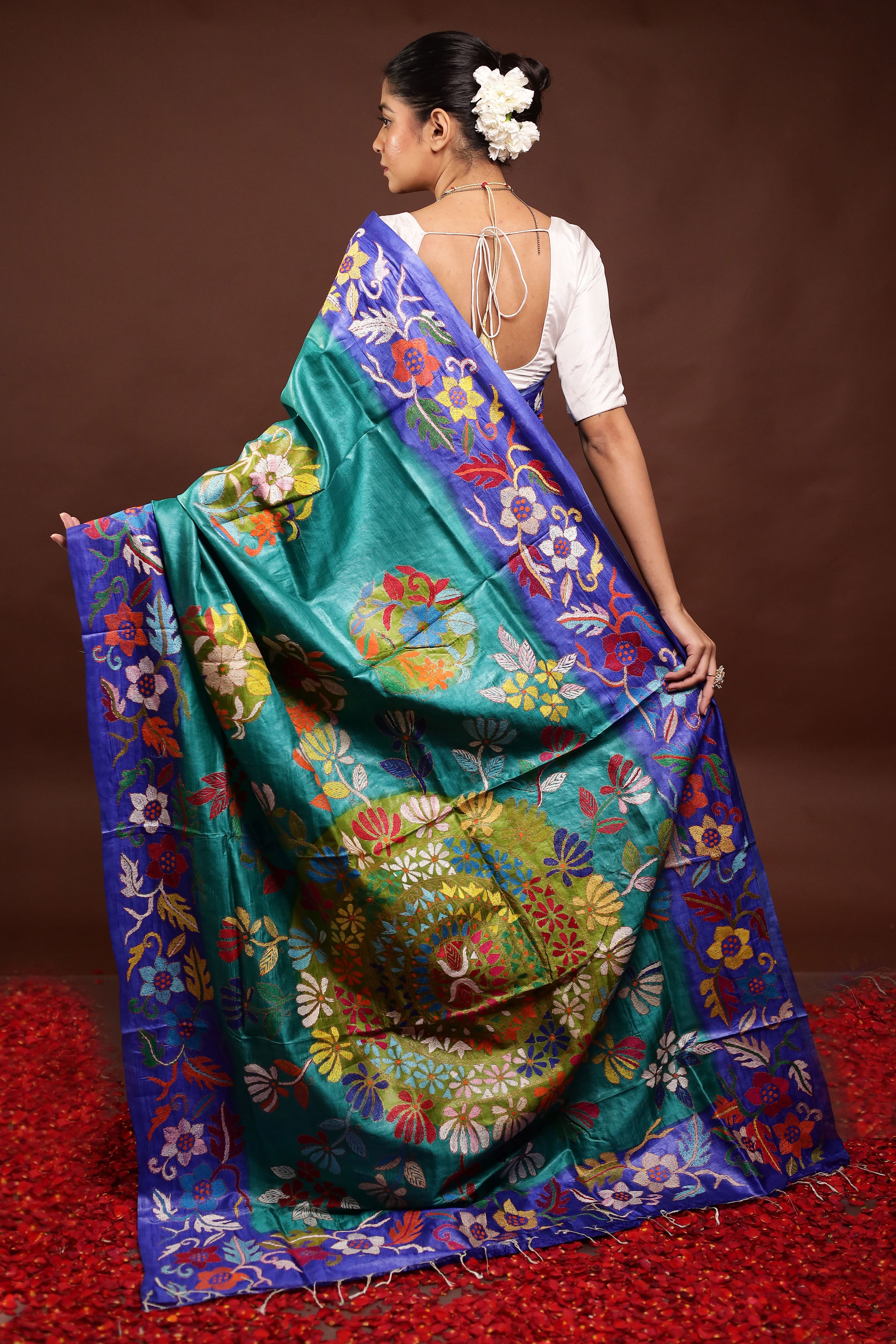 Multicolor Handloom Kantha Stitch Pure Silk Saree With Blouse Piece