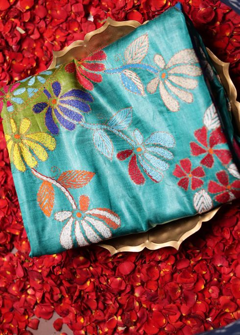 Multicolor Handloom Kantha Stitch Pure Silk Saree With Blouse Piece