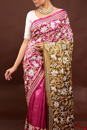 Pink Handloom Kantha Stitch Pure Silk Saree With Blouse Piece