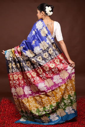 Multicolor Handloom Kantha Stitch Pure Silk Saree With Blouse Piece