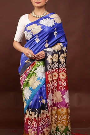 Multicolor Handloom Kantha Stitch Pure Silk Saree With Blouse Piece