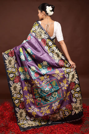 Purple Handloom Kantha Stitch Pure Silk Saree With Blouse Piece