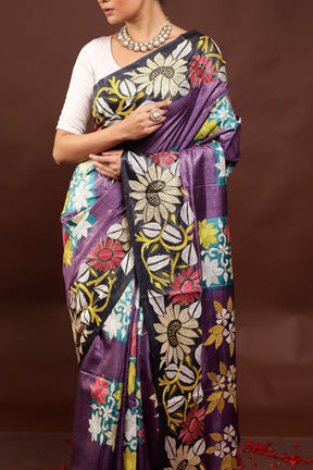 Purple Handloom Kantha Stitch Pure Silk Saree With Blouse Piece