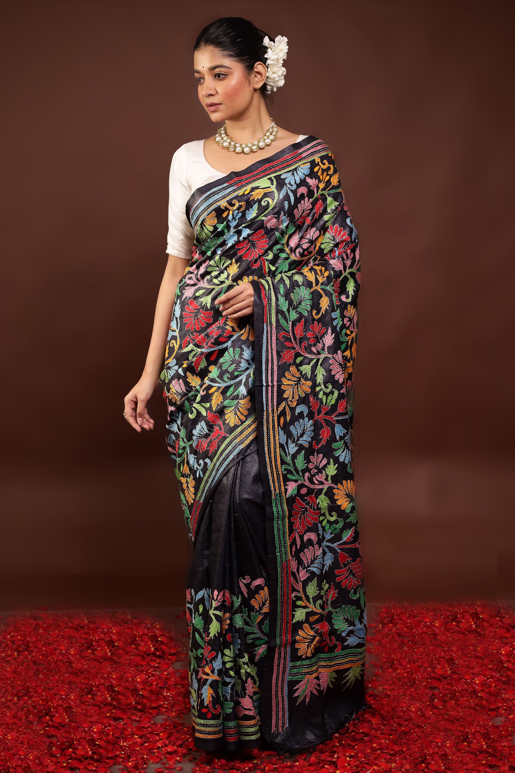 Black Handloom Kantha Stitch Pure Silk Saree With Blouse Piece