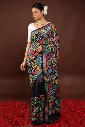 Black Handloom Kantha Stitch Pure Silk Saree With Blouse Piece