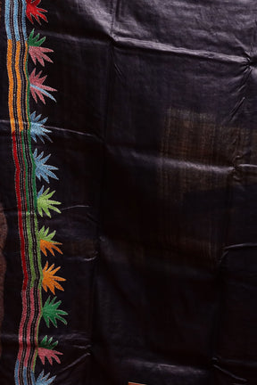 Black Handloom Kantha Stitch Pure Silk Saree With Blouse Piece