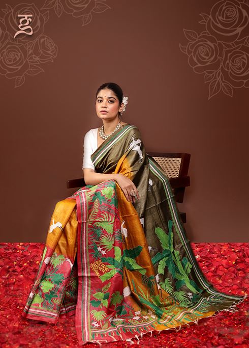 Multicolor Handloom Kantha Stitch Pure Silk Saree With Blouse Piece