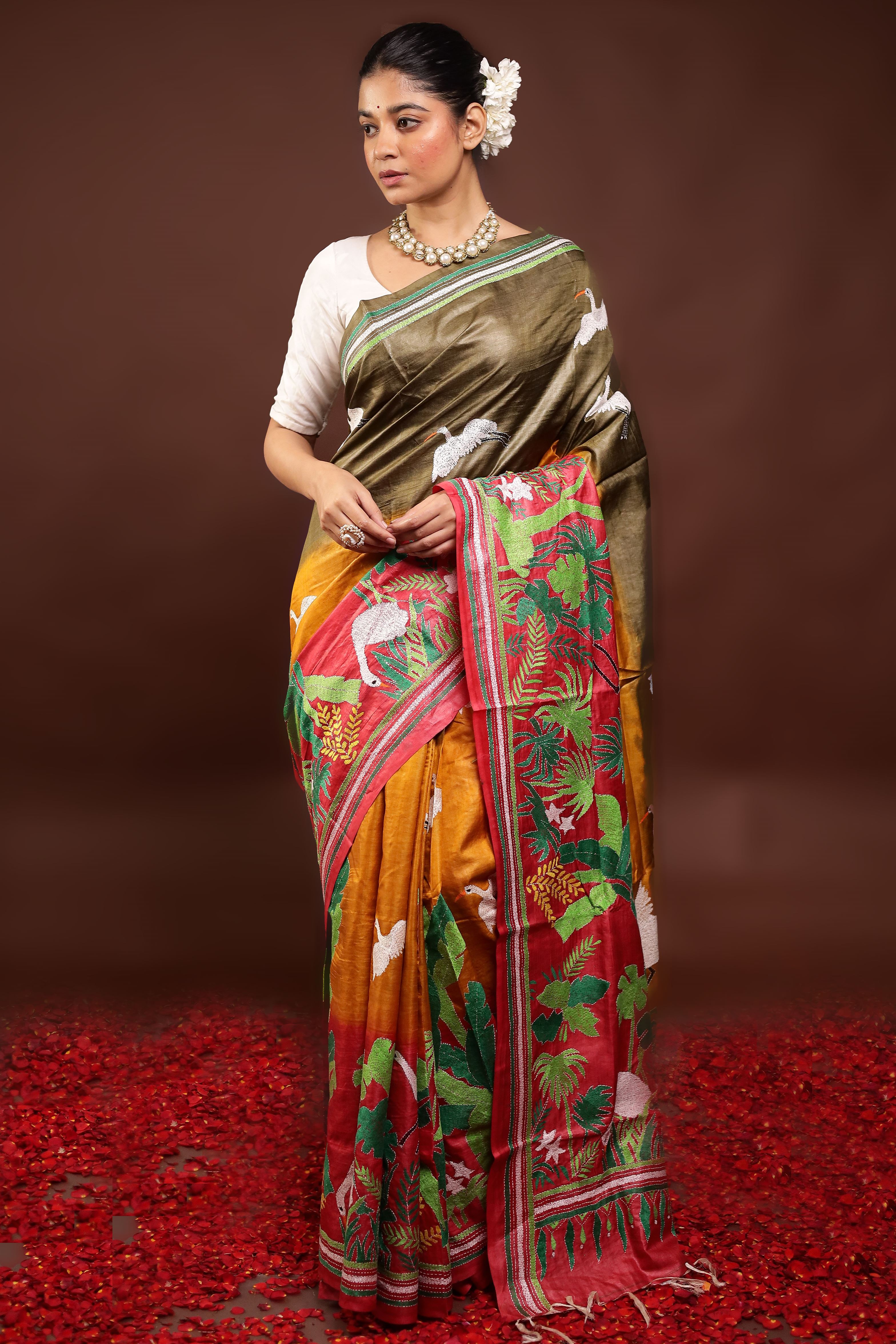 Multicolor Handloom Kantha Stitch Pure Silk Saree With Blouse Piece