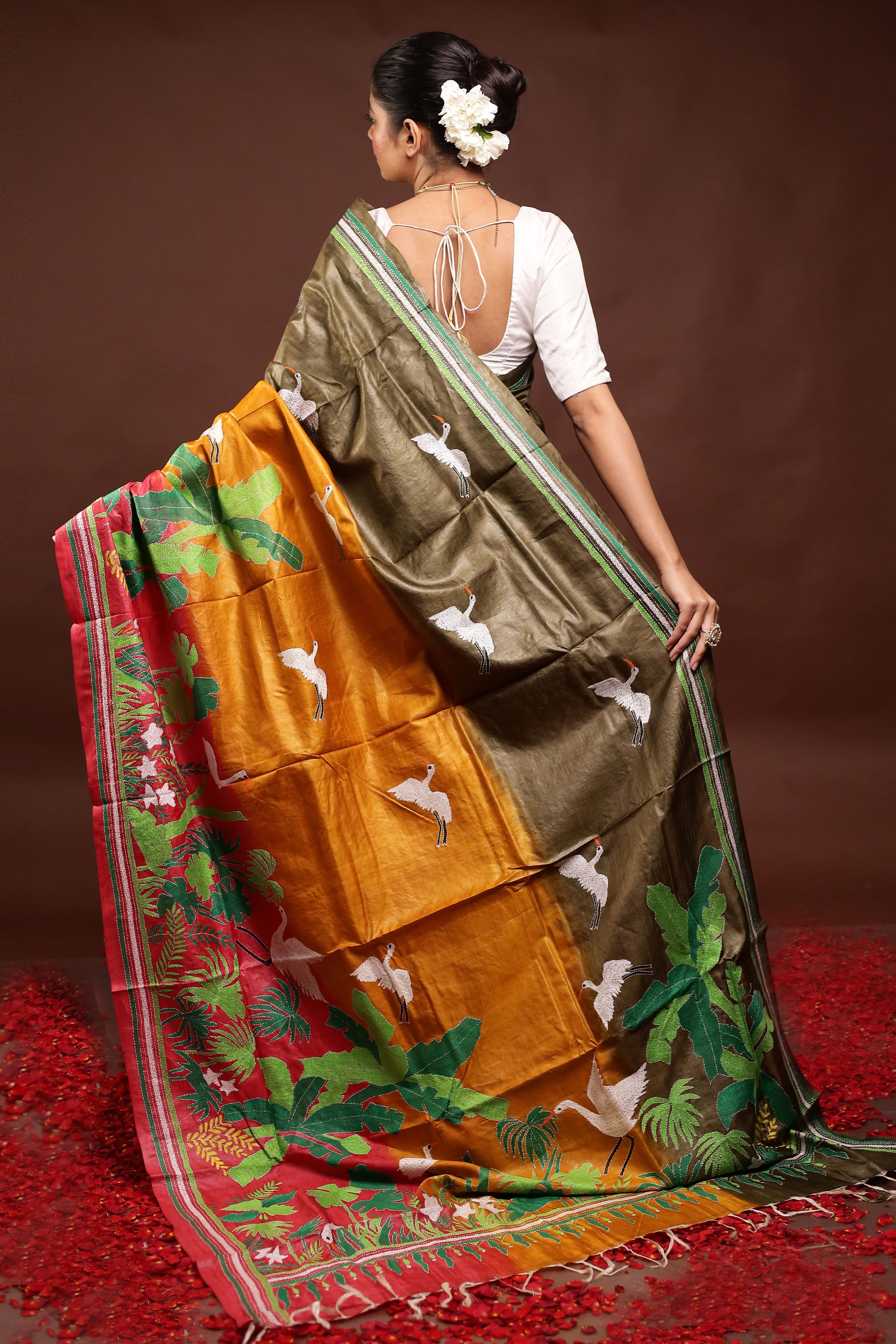 Multicolor Handloom Kantha Stitch Pure Silk Saree With Blouse Piece