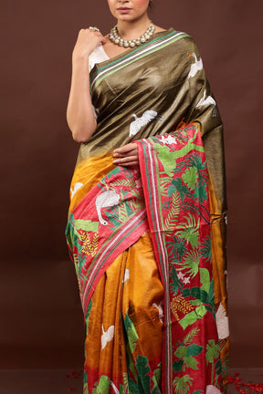 Multicolor Handloom Kantha Stitch Pure Silk Saree With Blouse Piece