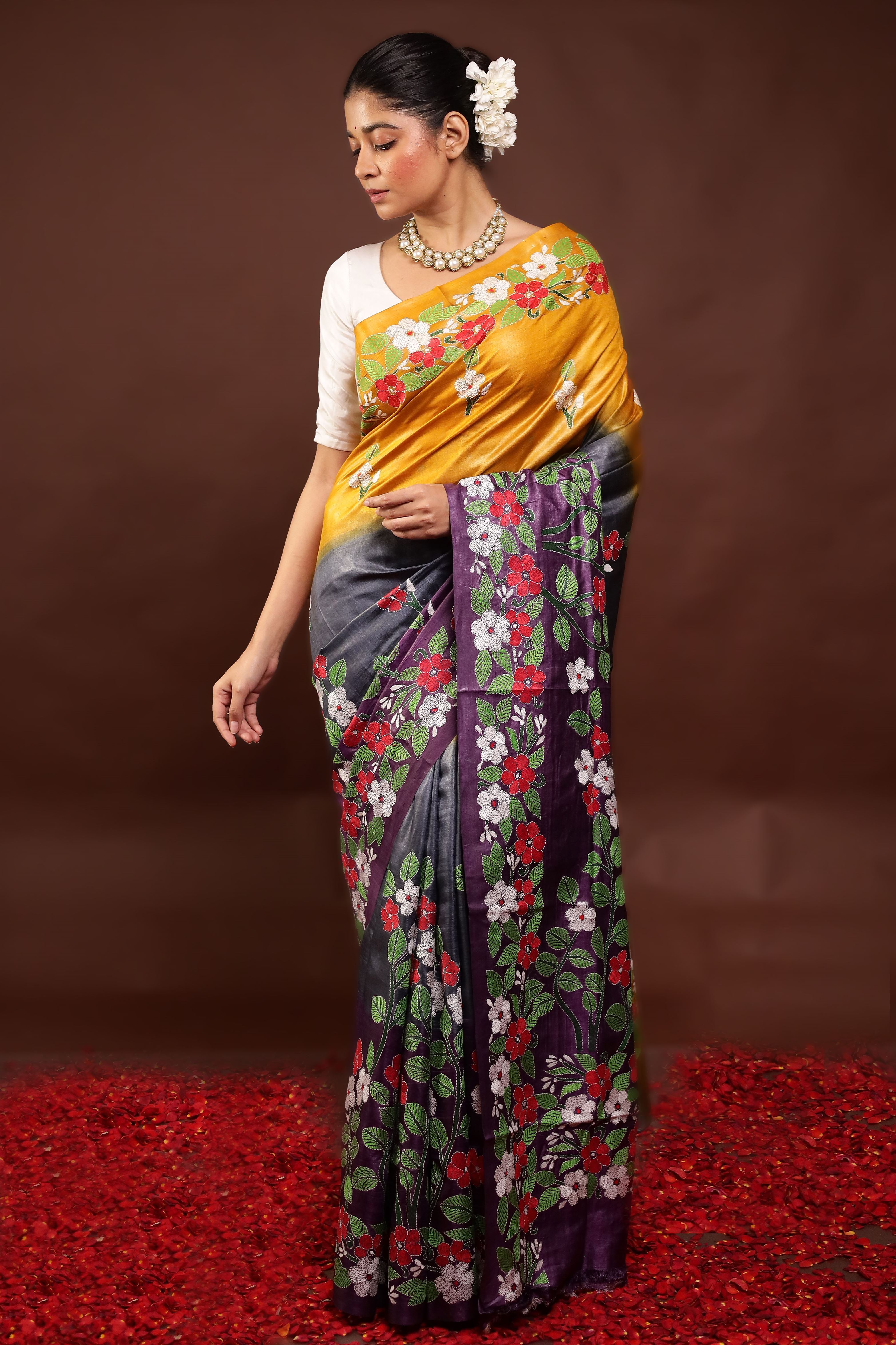 Multicolor Handloom Kantha Stitch Pure Silk Saree With Blouse Piece