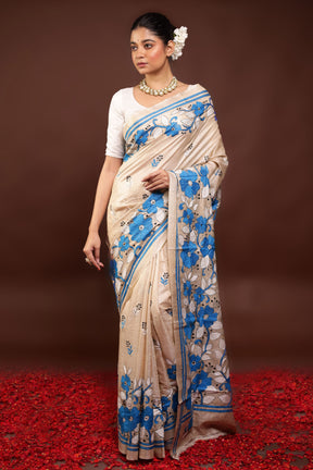 Cream Handloom Kantha Stitch Pure Silk Saree With Blouse Piece