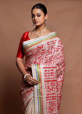 Cream Handloom Kantha Stitch Pure Silk Saree With Blouse Piece