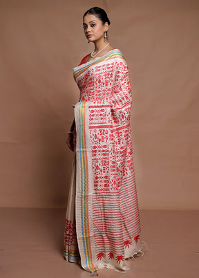 Cream Handloom Kantha Stitch Pure Silk Saree With Blouse Piece