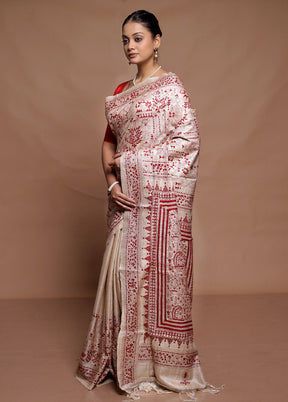 Cream Handloom Kantha Stitch Pure Silk Saree With Blouse Piece