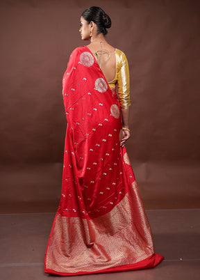 Red Dupion Silk Saree With Blouse Piece