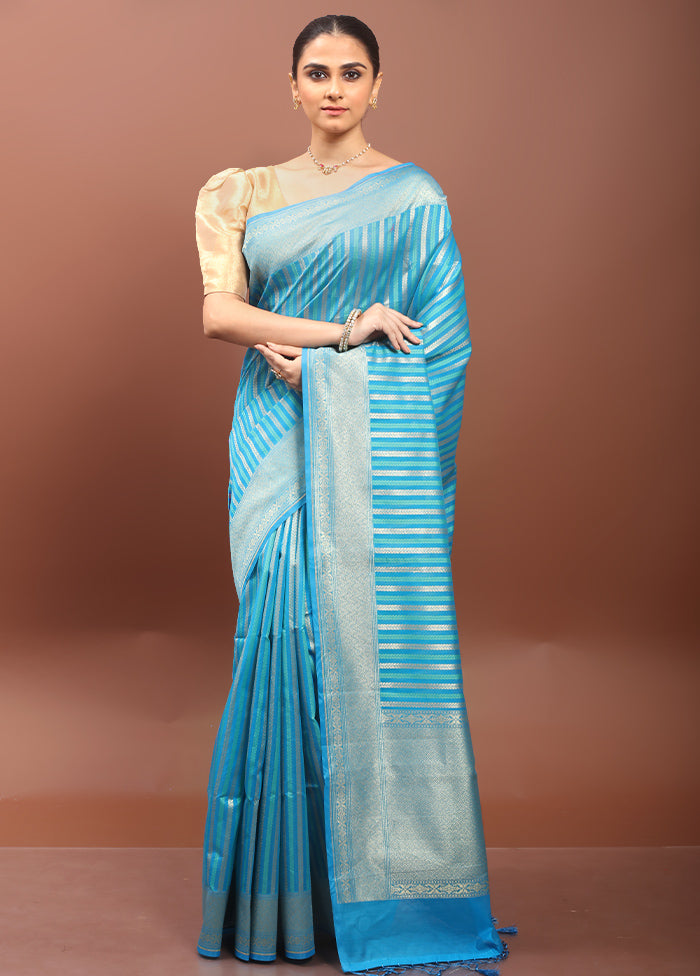 Blue Kora Silk Saree With Blouse Piece