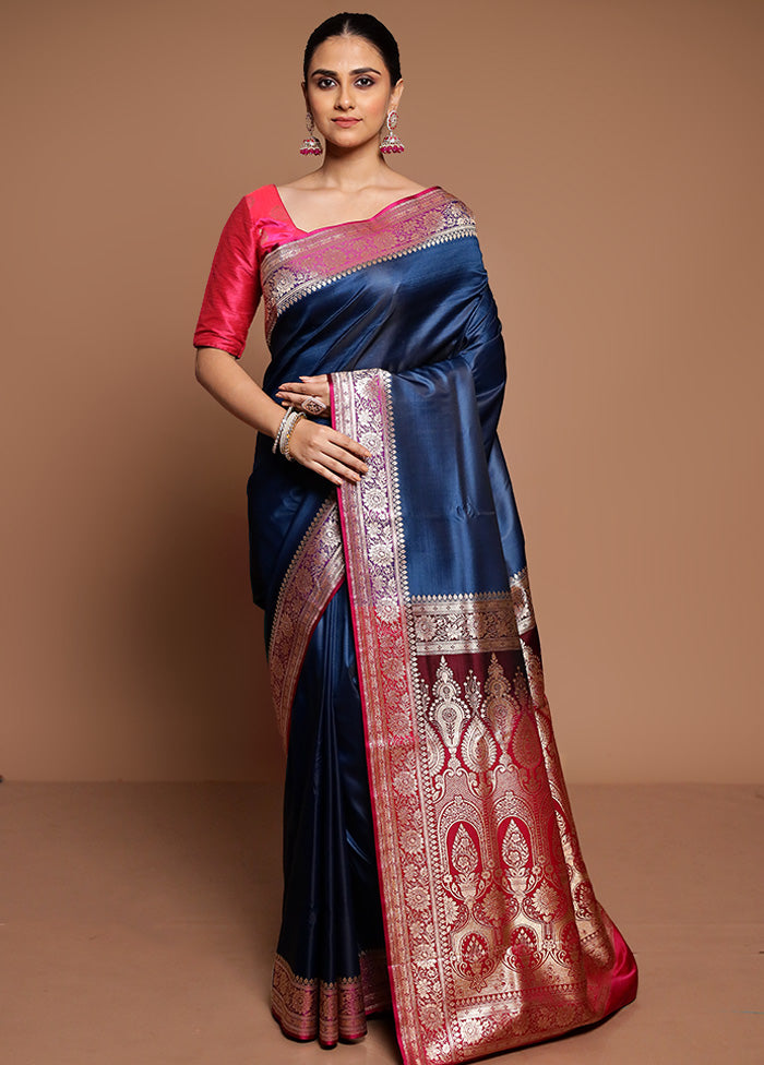 Blue Banarasi Silk Saree With Blouse Piece