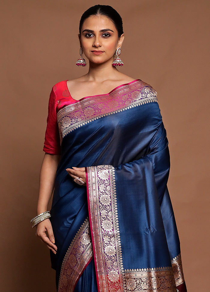 Blue Banarasi Silk Saree With Blouse Piece