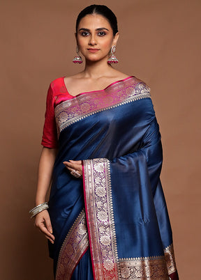 Blue Banarasi Silk Saree With Blouse Piece