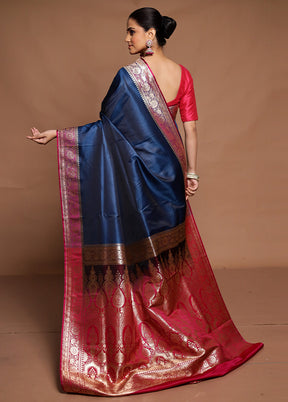 Blue Banarasi Silk Saree With Blouse Piece