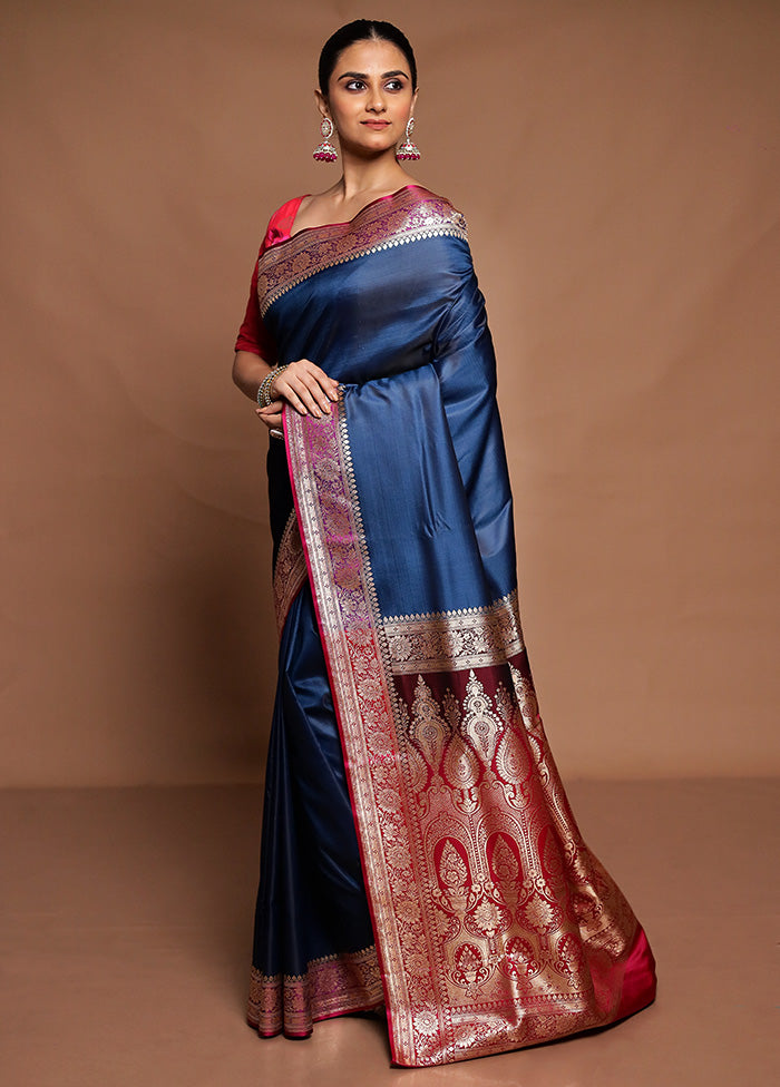 Blue Banarasi Silk Saree With Blouse Piece