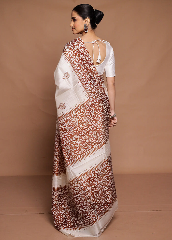 White Printed Pure Silk Saree Without Blouse Piece